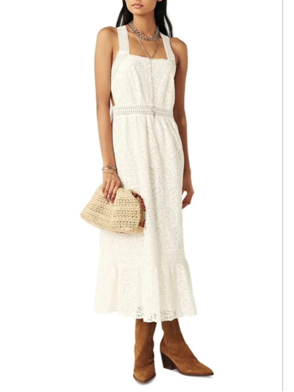 NWT ba&sh Austin Dress Off-White Lace Paisley cross-over strap Midi Dress Sz S